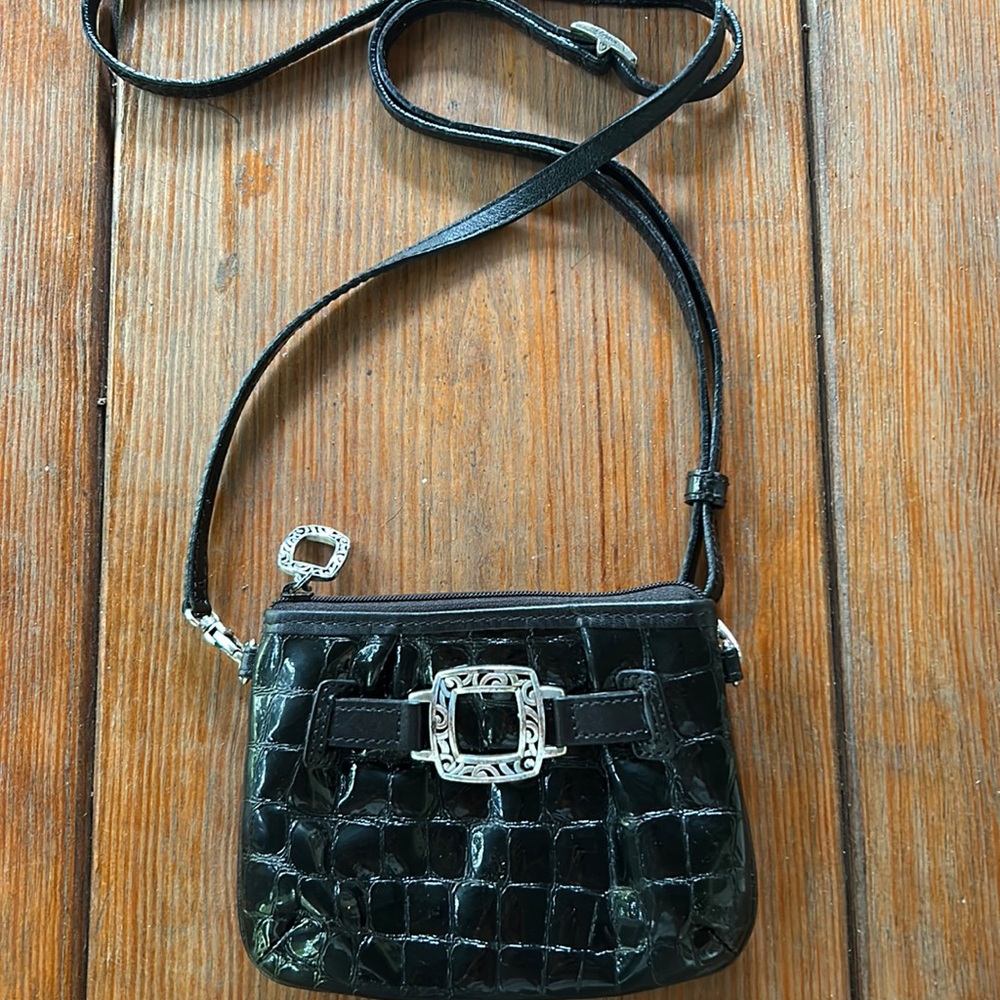 Brighton Black Croc-Embossed Leather Crossbody with Silver Buckle